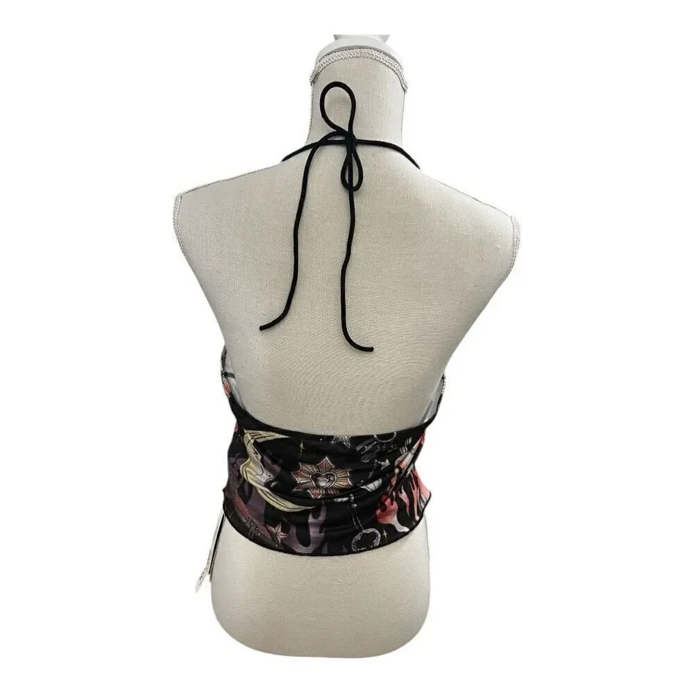 Romwe Black Multicolor Moon Floral Print Halter Top Size L Lace Up Open Back - Picture 3 of 10